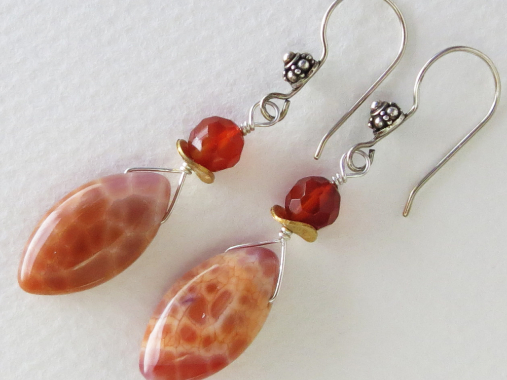 Crab Fire Agate and Carnelian Earrings Handmade Jewelry