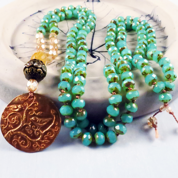 Boho long necklace with Green Girl pendant