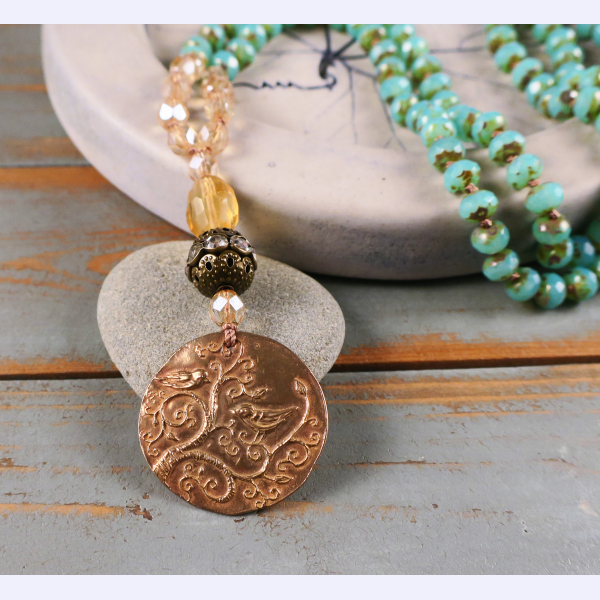 Boho long necklace with Green Girl pendant