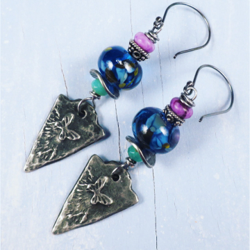 Lampwork butterfly earrings with pewter charms Pewter butterfly earrings