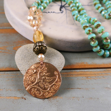 Boho long necklace with Green Girl pendant