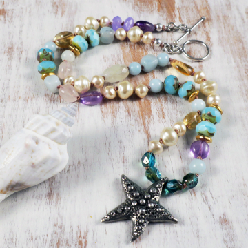 boho knotted gemstone starfish necklace