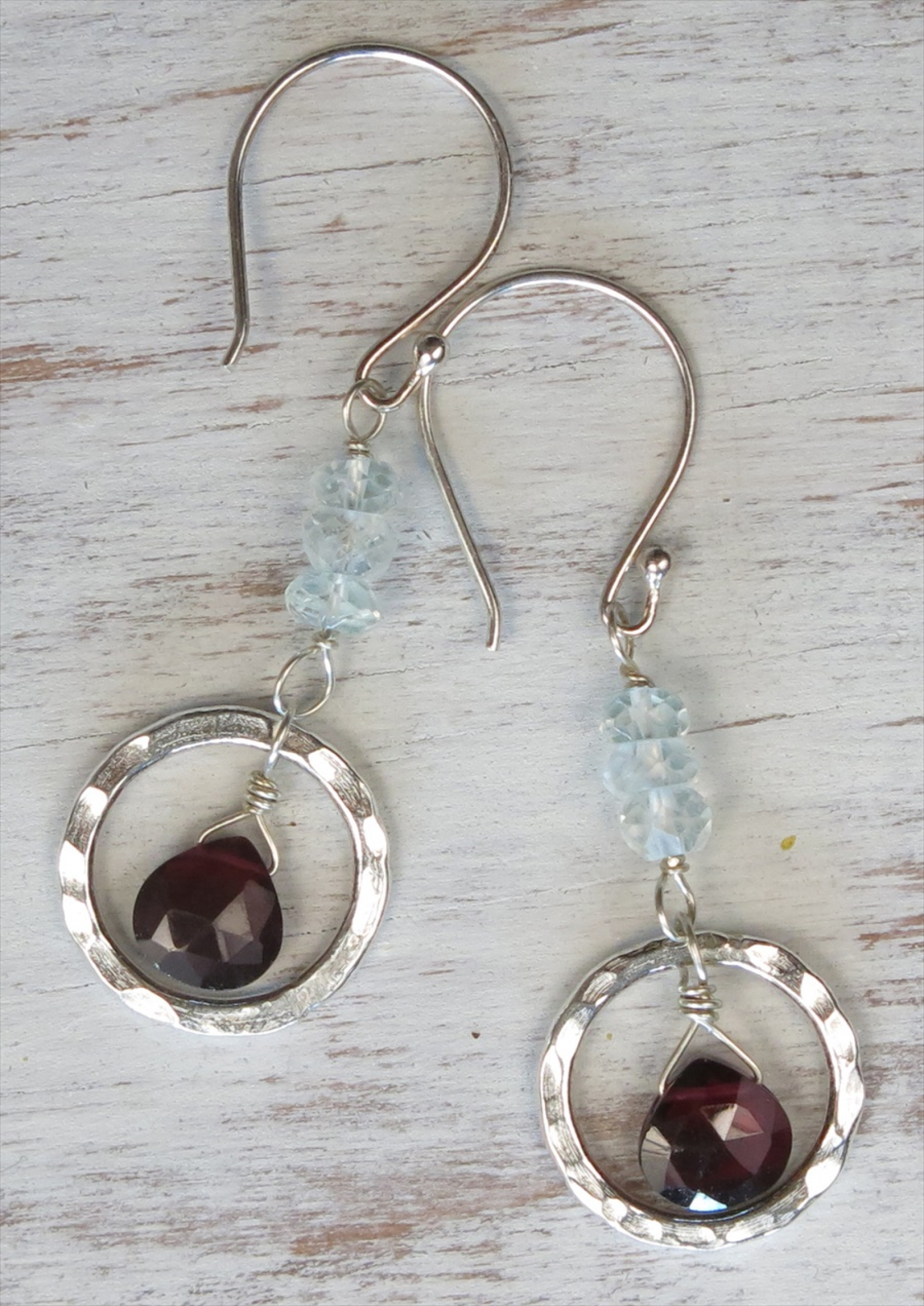 Handmade rhodolite garnet and aquamarine earrings | Handmade Jewelry