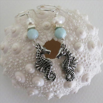 Handmade Beachy Amazonite and Pearl Seahorse Earrings