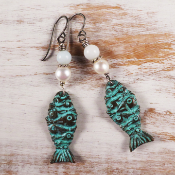 Handmade Beachy Amazonite and Pearl Fish Earrings