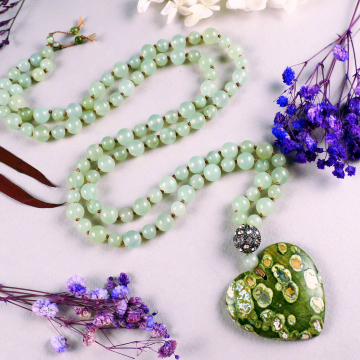 Handmade Long Boho Rainforest Jasper Knotted Heart Necklace