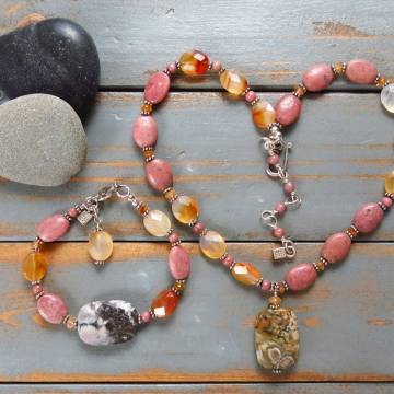 Handmade Rhodonite and Carnelian Necklace and Bracelet