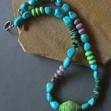 Tibetan Turquoise Necklace with Tibetan Carved Turquoise